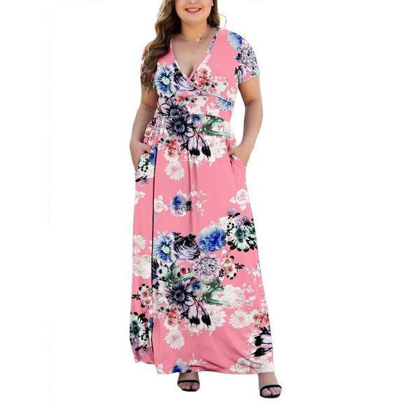 Women's L-5Xl Short Sleeve Maxi Dresse V-Neck Plus Size Casual Dresses With Poc - Picture 1 of 5